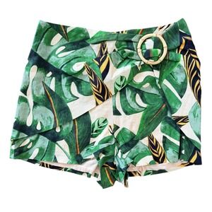 FARM Rio Tropical Leaf Print Belted High Waisted Linen Blend Skorted Shorts XS